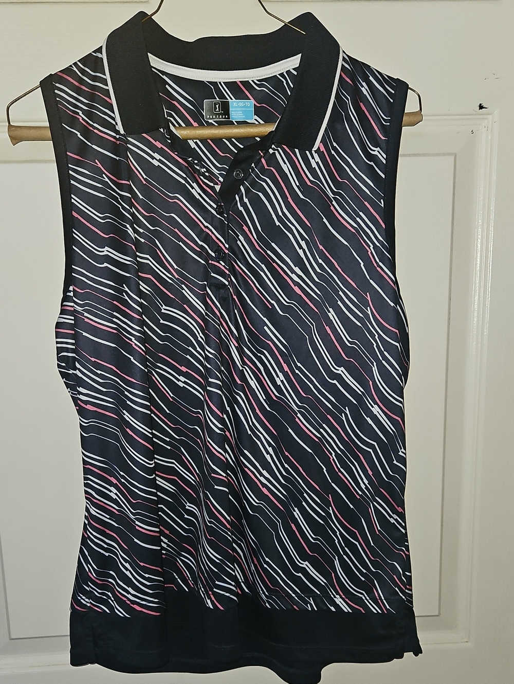 PGA Tour Black Sleeveless Polo Tank with Pink and White Stripe Accents